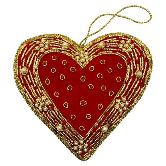 Zari Red Heart Christmas Ornament, Zardozi Embroidery, Gift Bag - Picture 1 of 5